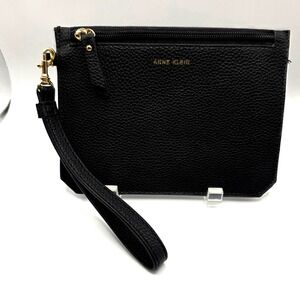 Anne Klein Black Pebbled Wristlet Clutch Bag Gold Logo Zip Top Pouch Womens